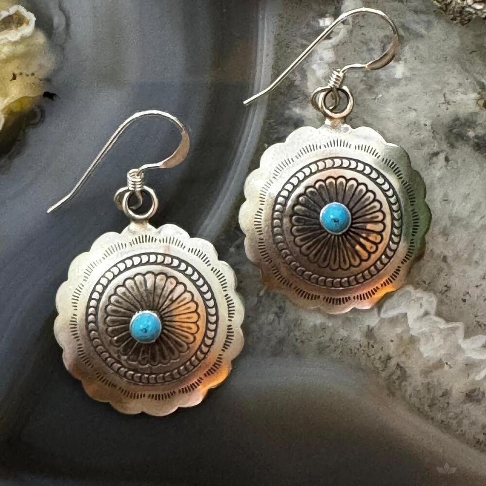 Native American Sterling Turquoise Dot Flower Concho Dangle Earrings For Women